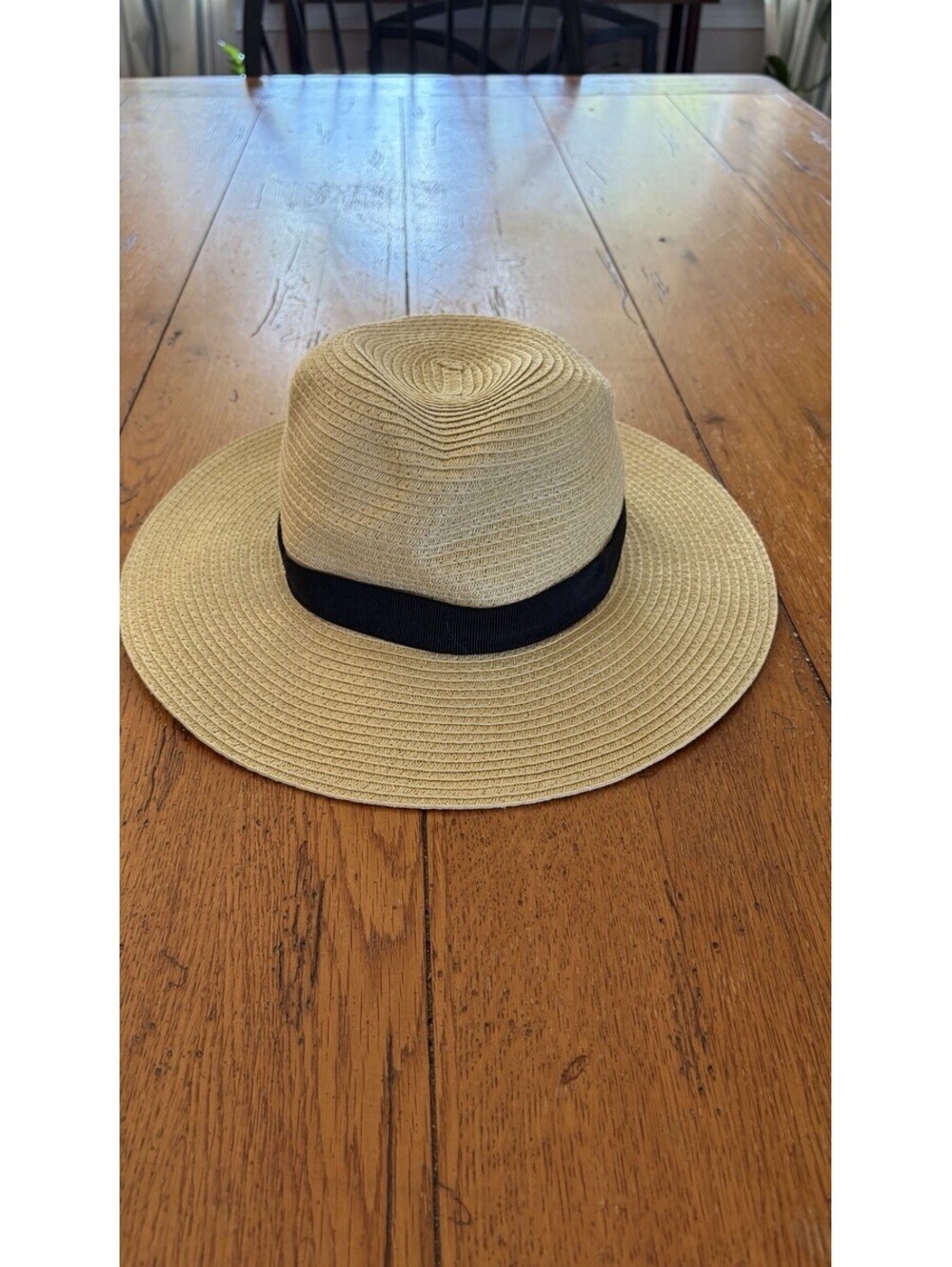 J Crew Womens Straw Fedora Natural Raffia Black Grosgrain Ribbon Band Hat Soft